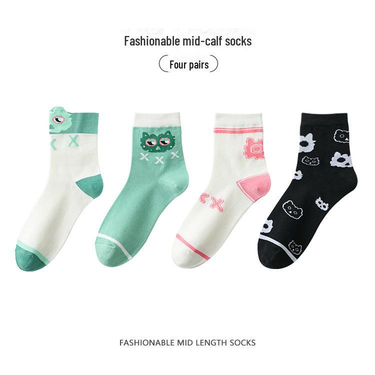Women's Mid-Tube Lace Socks, Summer/Autumn Style, Owl Cartoon Design, Breathable and Trendy.