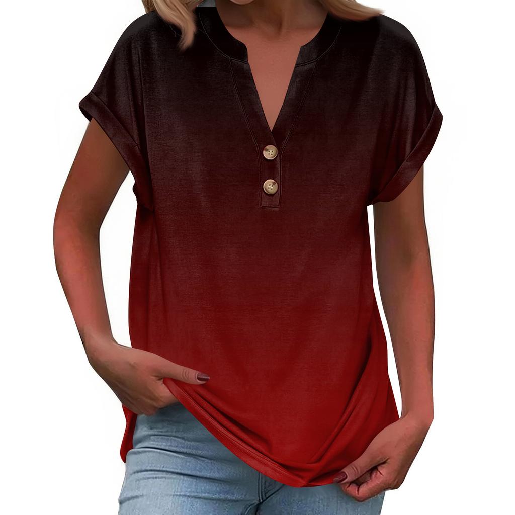 Women's Fashionable Casual Loose-Fit Short-Sleeved Button-Up V-Neck Printed T-Shirt Top