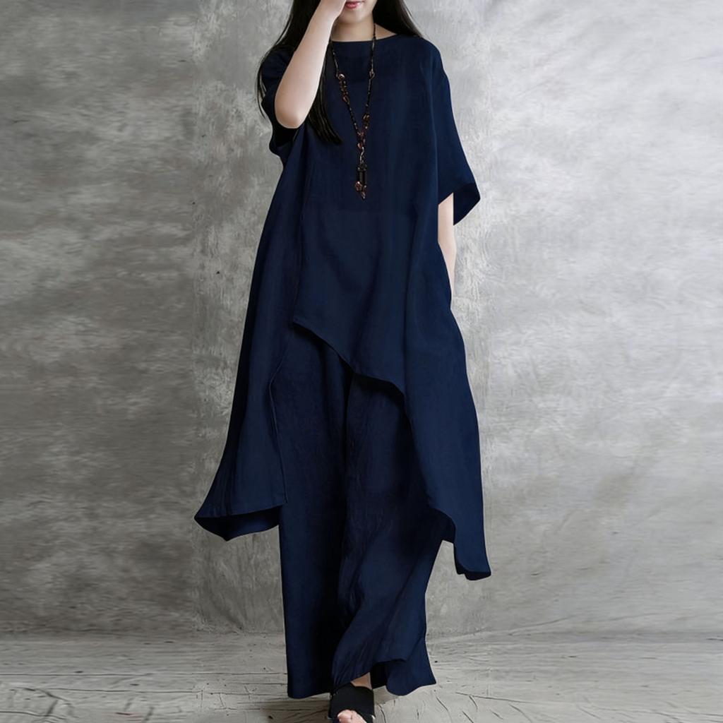 Women's Fashionable Loose-Fit Short-Sleeve Top + High-Waisted Wide-Leg Pants Casual Two-Piece Set