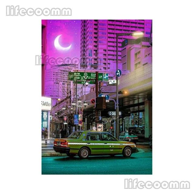 Anime City Neon Night 80s Vaporwave Japan City Street Poster Wall Art Canvas Painting Wall Pictures For Living Room Home Decor No Frame