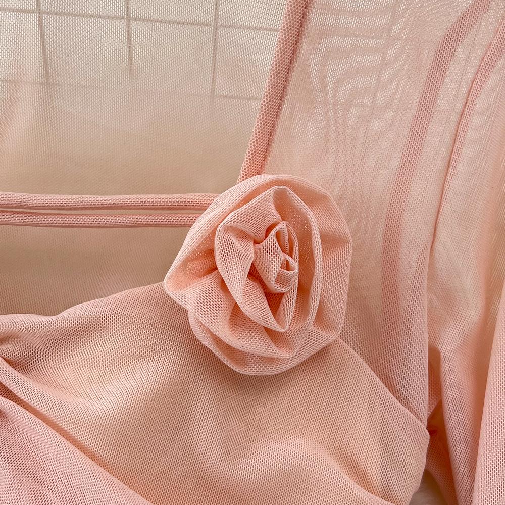 Spring and Autumn Women's Dress Pure Desire Spice Girl Sexy Long Sleeve Square Neck Waist Slimming Mesh See Through Stereoscopic Flower Hip Dress