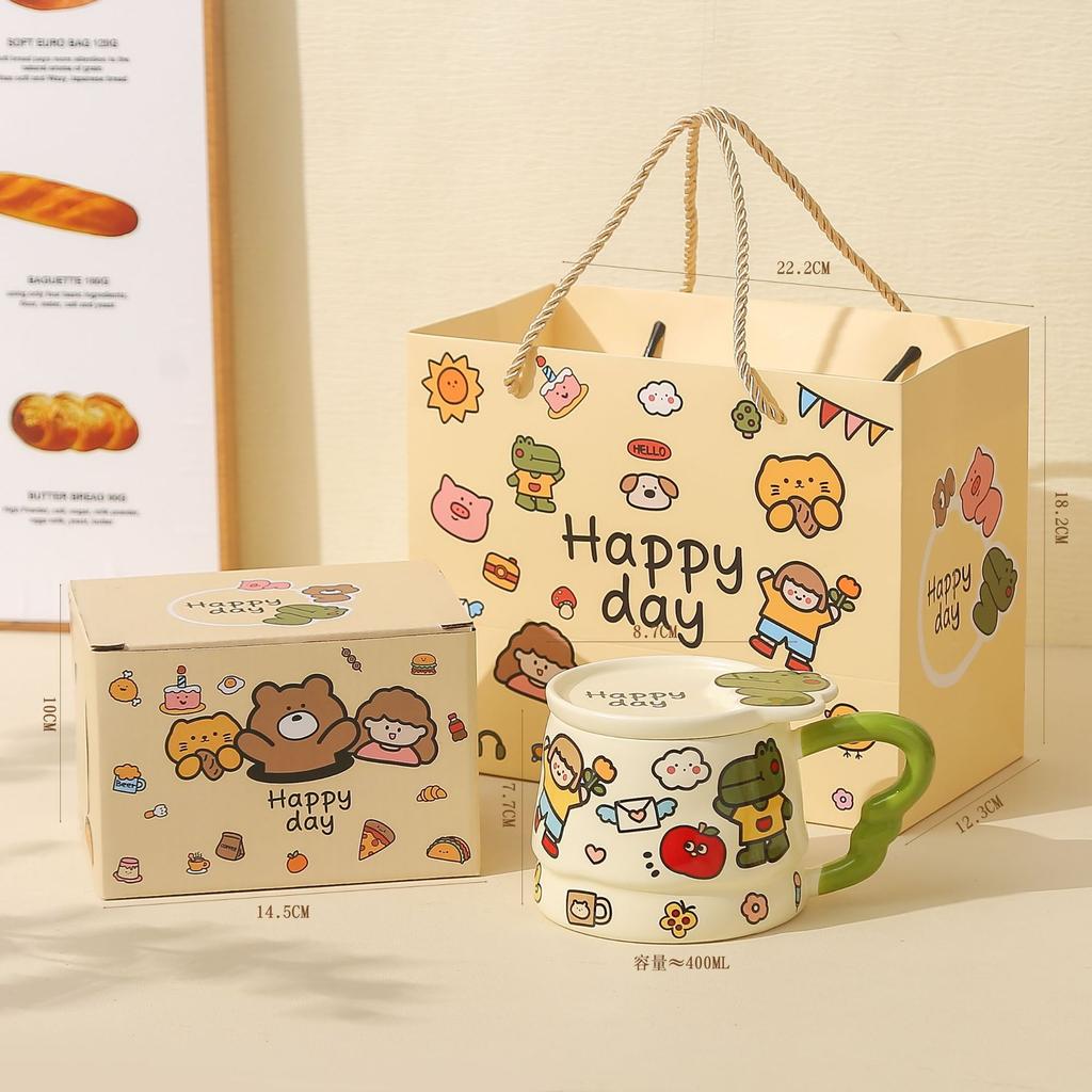 Children's fun, cute graffiti ceramic mug with lid, birthday gift, household drinking water, high-value water cup, souvenir gift girl