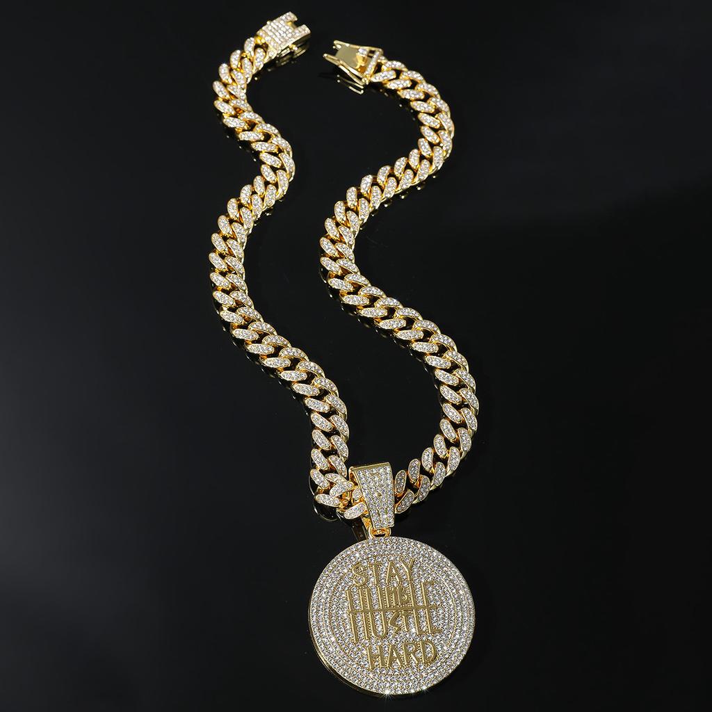 Full Diamond Keep Calm Letter Cuban Chain Pendant, European and American INS Style Hip Hop Pendant Necklace Men's Trend Jewelry