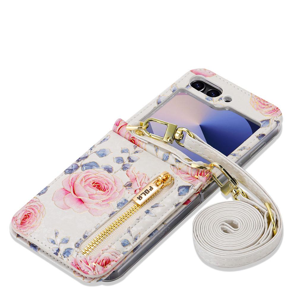 Zipper Crossbody Wallet Cards Slot Flower Case For Samsung Galaxy Z Flip 7 6 Flip 5 4 3 Leather Long Lanyard Strap Cover