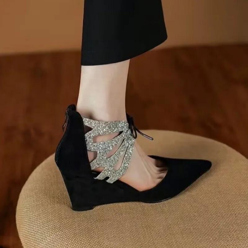 

Fashion 2025 Summer Suede Glitter Pointed Toe Lace-up New Sandals Women s Plus Size Ultra High Heel Party Shoes Wedge Sandals Zapatos 42 чёрный