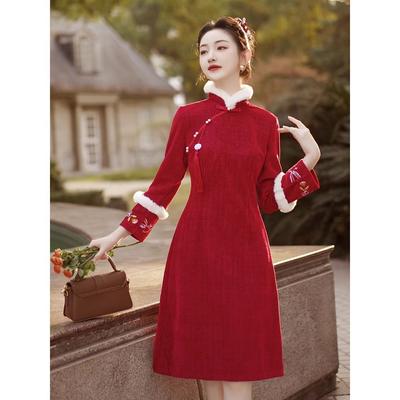 Σετ δύο τεμαχίων φόρεμα κινέζικου στυλ Suit Plus Velvet and Thickened Cheongsam Temperament