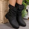 Women Ankle Boots  Autumn Retro Round Toe PU Leather Femme Mid-heel Stubby Short Boots Outdoor Fashion Pleated Casual Shoes