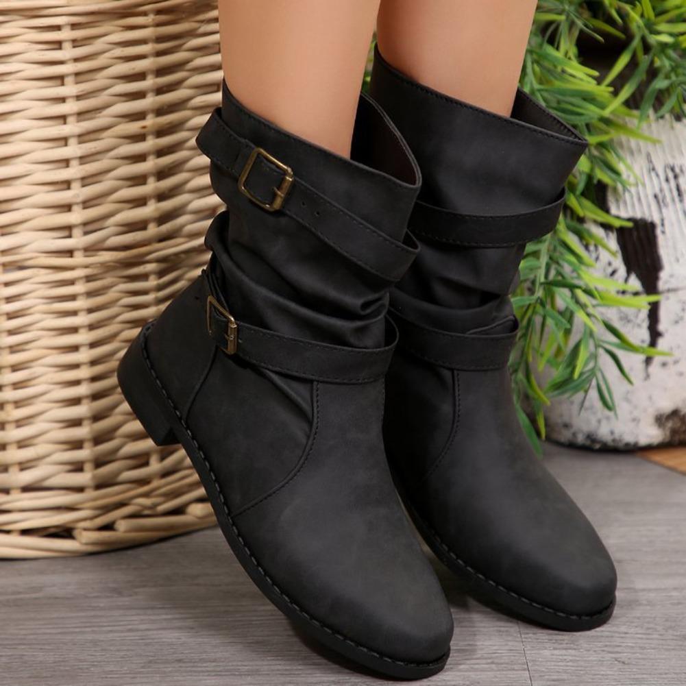 Women Ankle Boots Autumn Retro Round Toe PU Leather Femme Mid-heel Stubby Short Boots Outdoor Fashion Pleated Casual Shoes