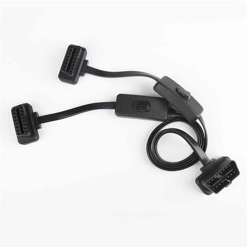 AA92-60CM Long OBD2 16Pin With Switch Extension Cable Flat Wire Adapter Auto 1 Male To 2 Female OBD 16 Pin Convert Plug