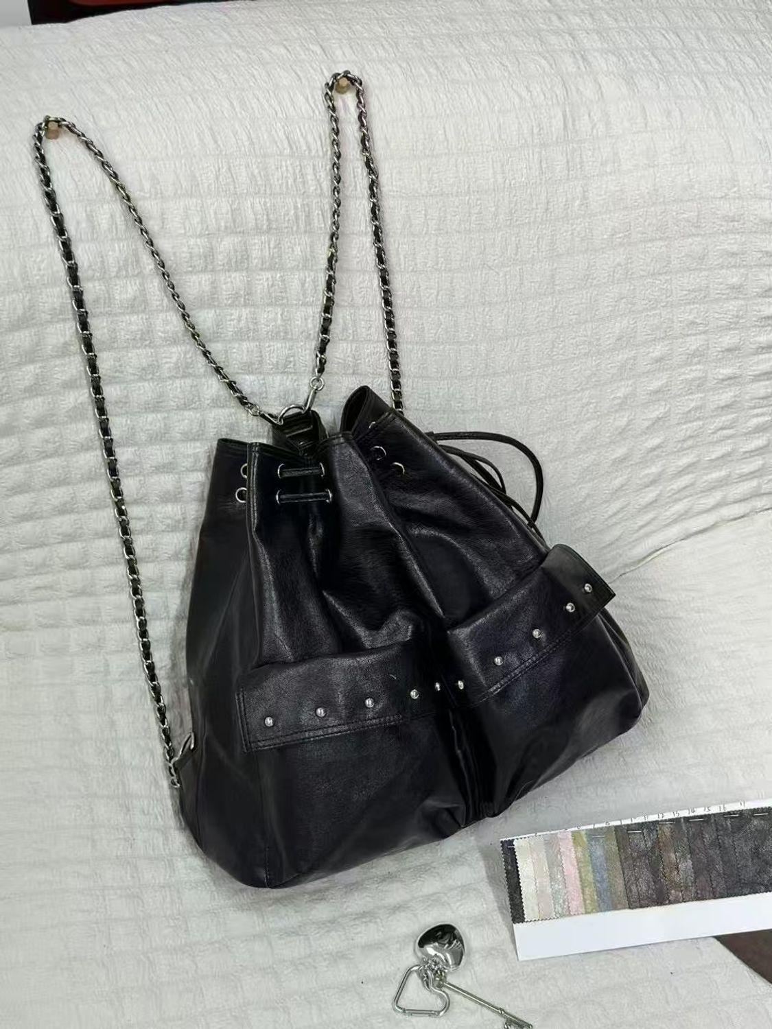 

Harajuku Solid Color Chain Backpack Women Drawstring Studded Leather Large Capacity Backpack Ladies Fashion Y2k Mochilas Mujer 28x31x12cm чёрный