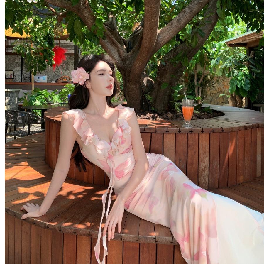 Qiaoke girl vacation style butterfly print sleeveless dress women's summer temperament slim waist fishtail dress long dress