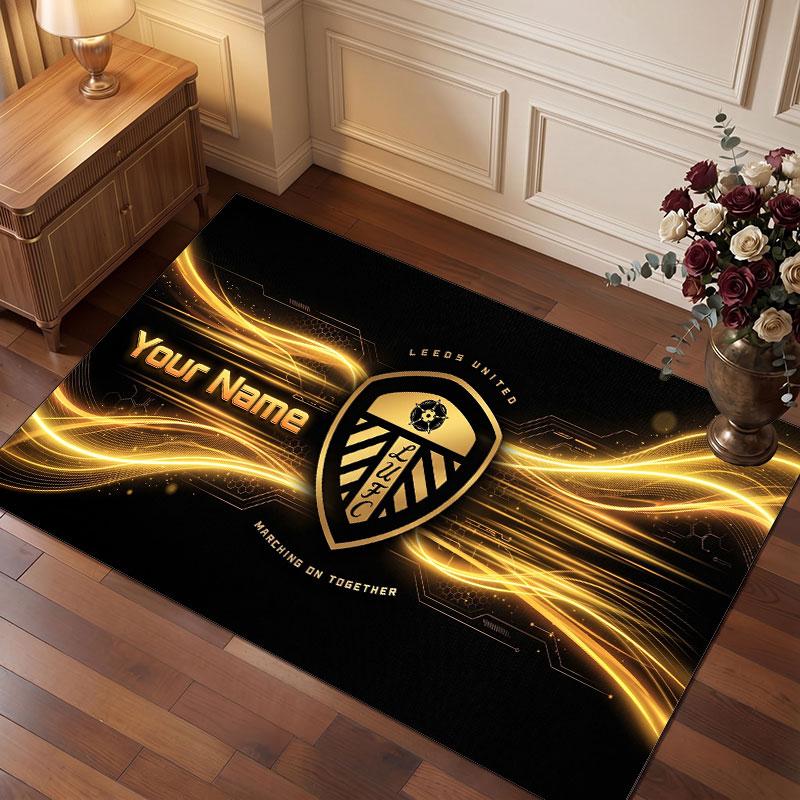 Leeds United Custom Crystal Velvet Rug, Personalized Name Text Print, Football Logo Soft Non‑Slip Floor Mat Home Decor Gift