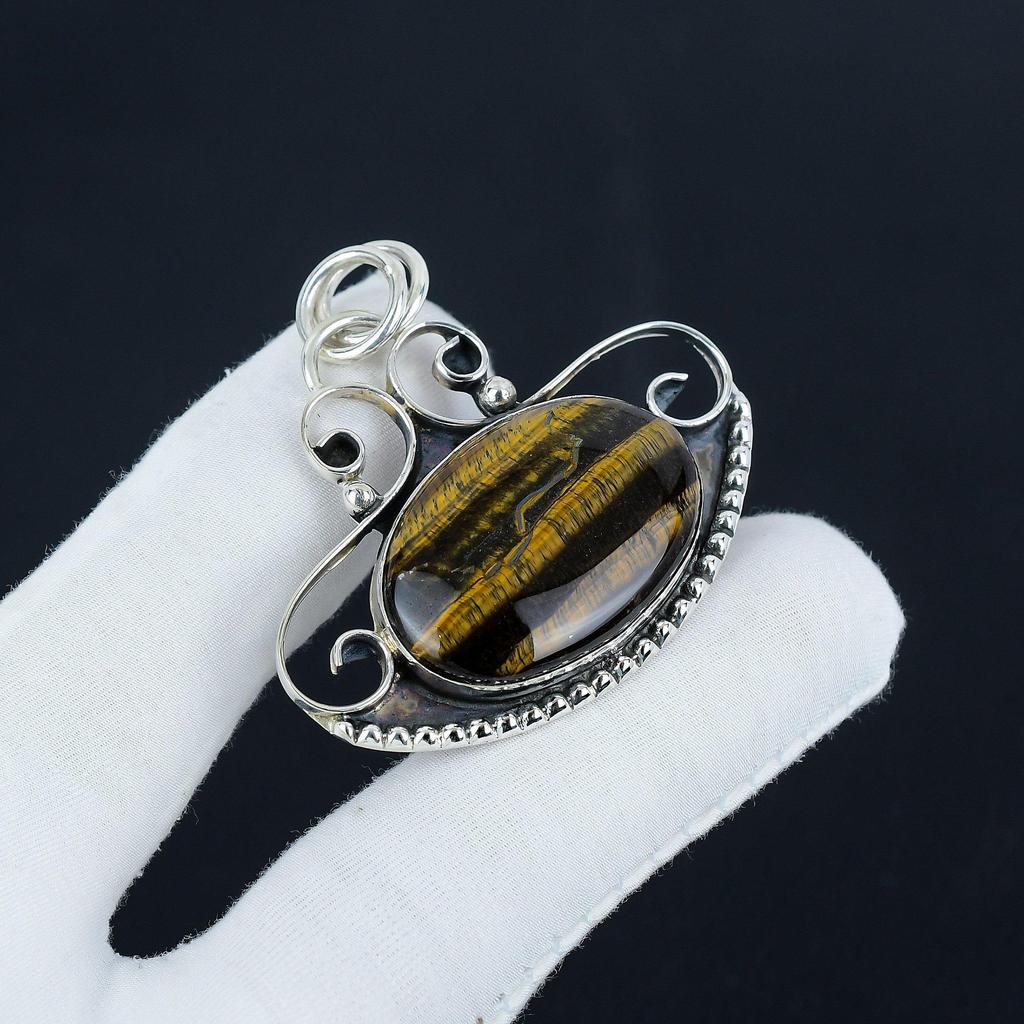 Natural Tiger Eye Gemstone Silver Pendant in 925 Sterling Silver - Handmade Design, Everyday Wear Jewelry Party Wear Gift