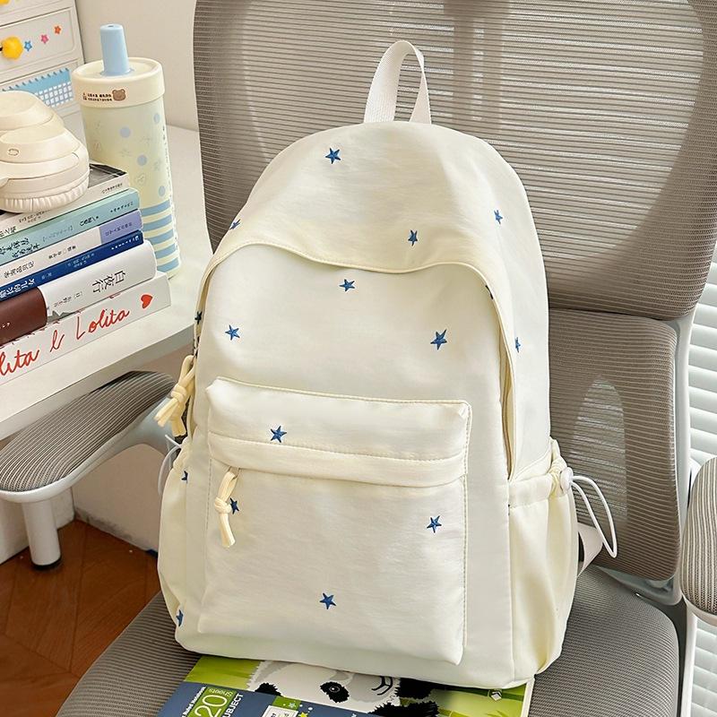 Schoolbag Milk Cream White and Blue Embroidery Star High-value Backpack Primary School School Bag Women's Daily Shopping Light and Sweet Backpack