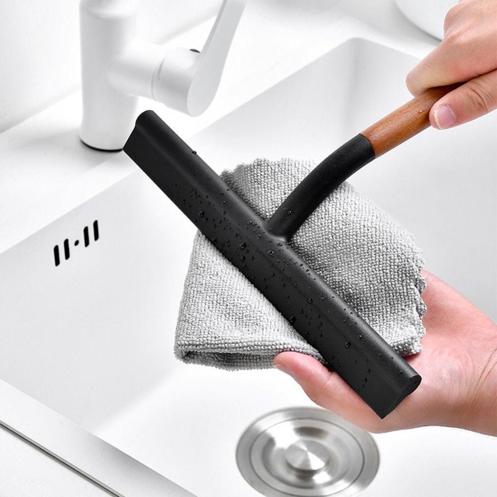 Non-Scratch Kitchen Water Wiper Wooden Handle Soft Silicone Window Mirror Squeegee with Lanyard Widen Glass Cleaning Tool