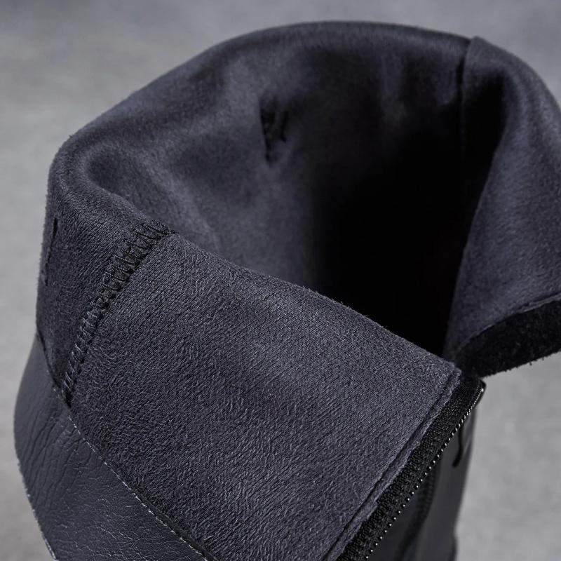 Johnature Skórzane Retro Damskie Kozaki Rycerskie na Grubej Podeszwie Okrągły Nosek Klamra Paska Wysokie Kozaki