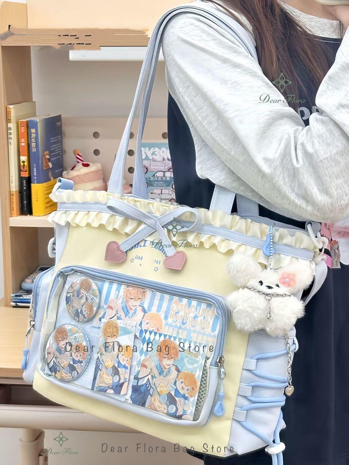 

New Y2k Sweet Shoulder Bag Lolita Girl Transparent Tote Bag Women Large Capacity Lace Bow Crossbody Bag Cute DIY Display Handbag with Insert