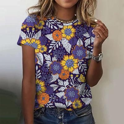 Sommer Rundhals 3D Blumenprint Top Modische Lässige Kurzarm Damen T-Shirts