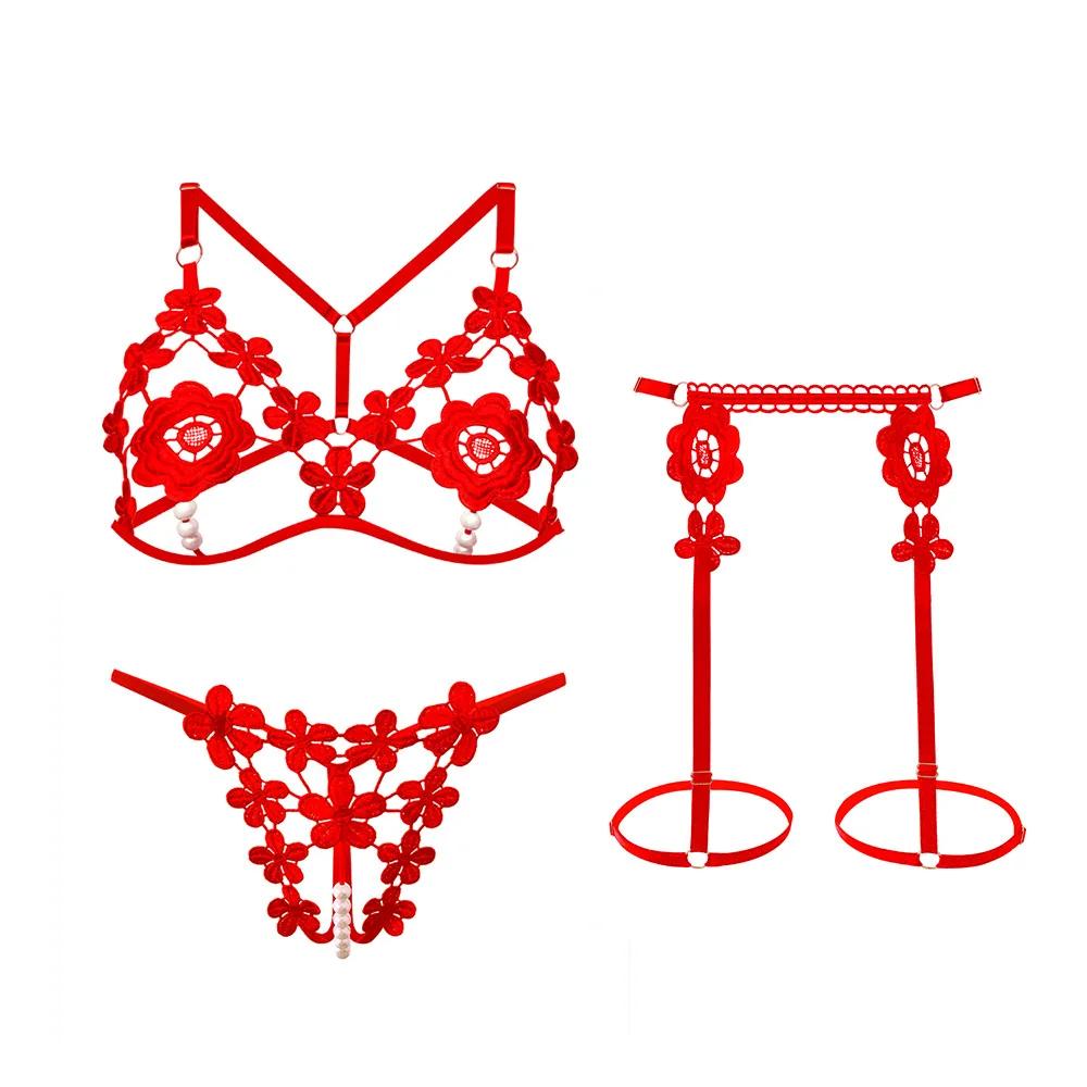 3 Piece Erotic Costumes Pearl Embroidered Open Bra Thong Garter Set Sexy Lingerie Set For Women See-Through Porn Fancy Underwear