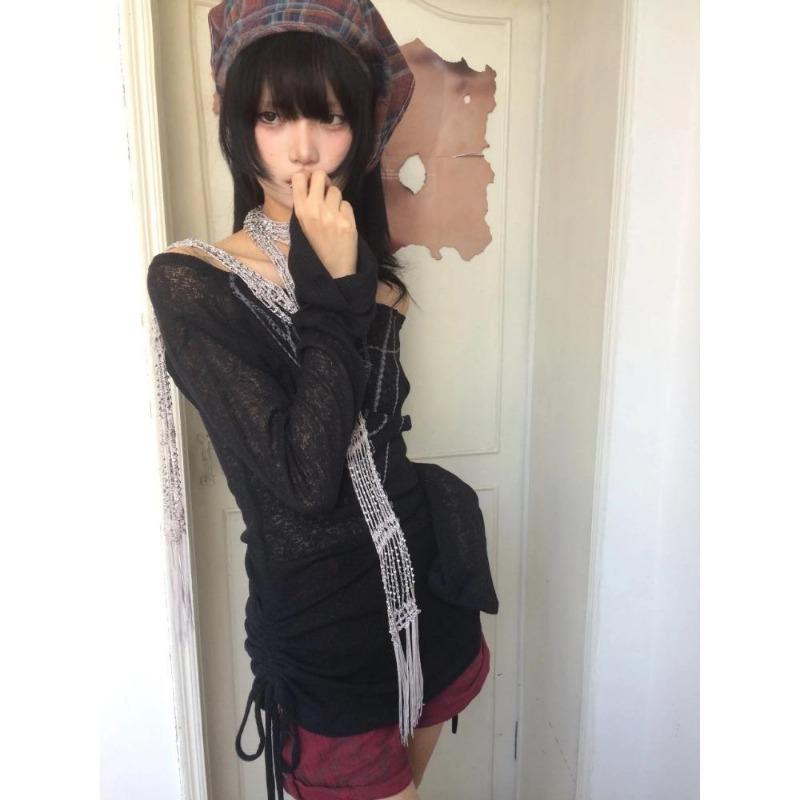 2KWEIRD Japanese Y2k Knitted Tops Grunge Tattoo Print Long Sleeve T-shirt Ribbed Vintage Harajuku Shirring Knitwear 2000s Gothic