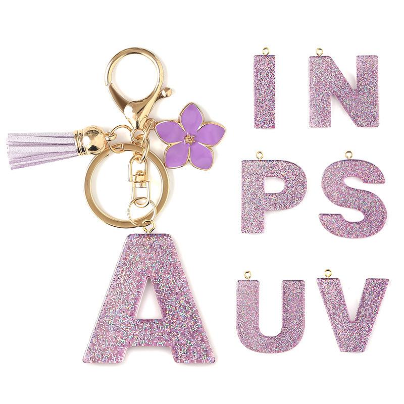 Flash Powder 26 English letters, diy, Resin keychain, purple flower, pendant, bag pendant, keychain, Christmas gift, Stocking stuffers