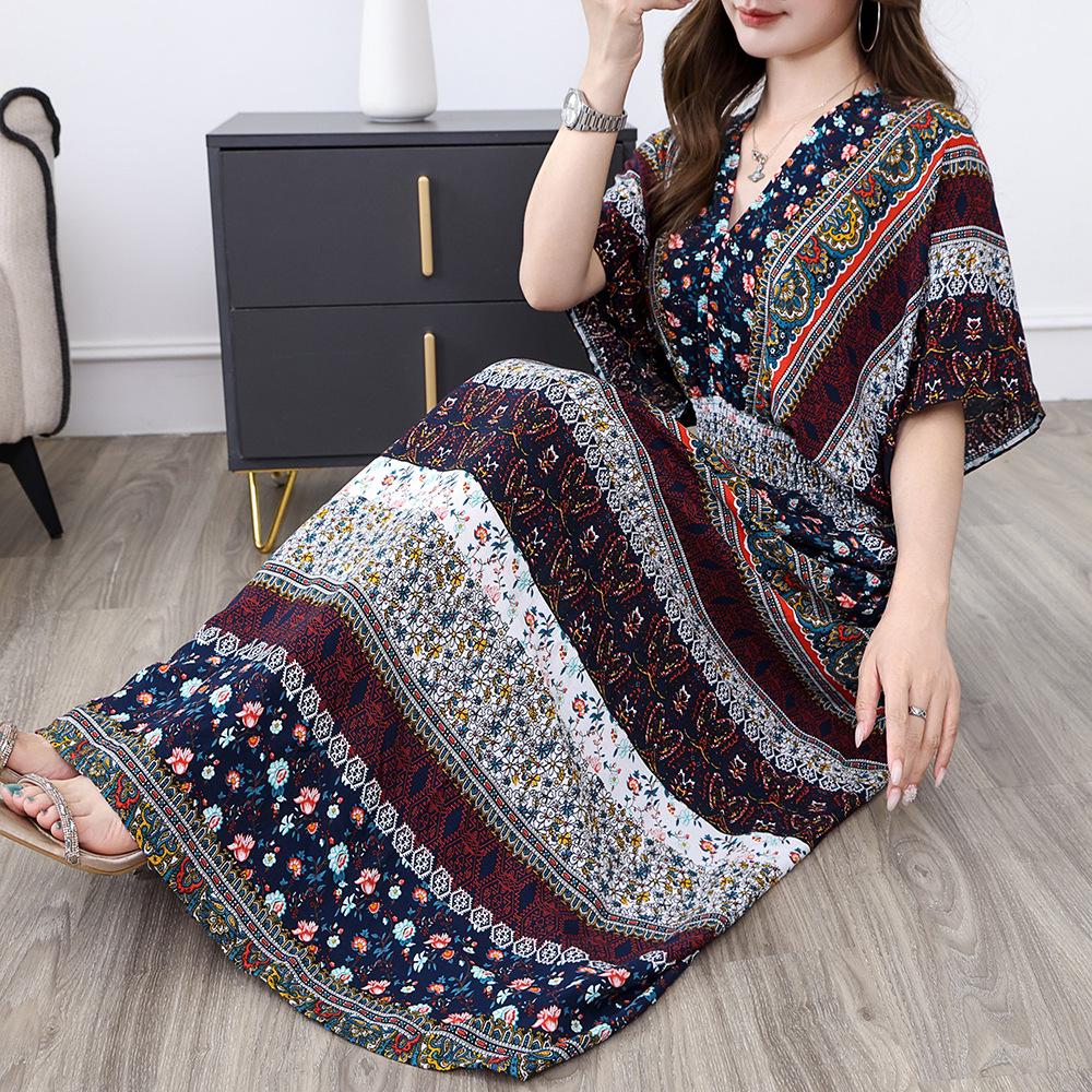 26-Year Floral V-Neck Cotton Silk Batwing Sleeve Beach Dress - Thailand Travel & Vacation Skirt Style