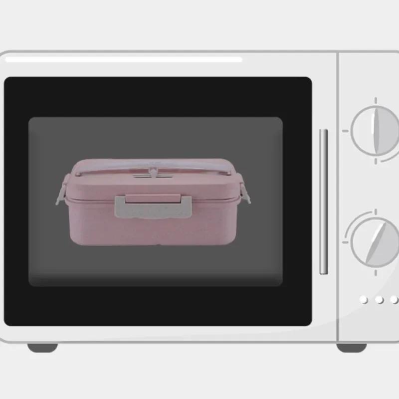 Microwave Lunch Box for Children Portable School Office Bento Box with Tableware Spoons Chopsticks Wheat Straw Food Box