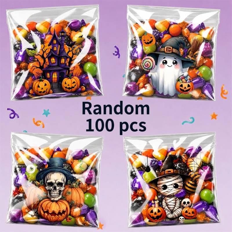 100Pcs Halloween Self Adhesive Treat Bags With Cute Spooky Prints For Packing Candies Cookies Halloween Party Favors
