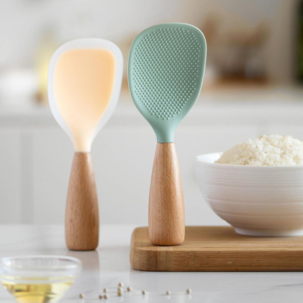 1pc Silicone Rice Serving Spoons with Wooden Handle Heat Resistant Rice Spoon Nonstick Standing Rice Ladle Scooper