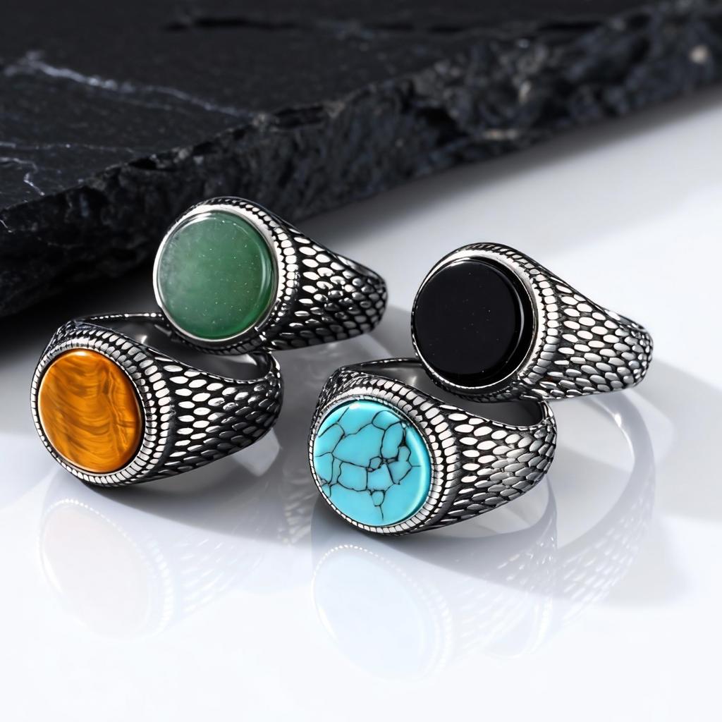 Punk Vintage Ethnische Ringe für Männer, Edelstahl Naturstein Schuppenring, Runder Stein Siegelring Geschenk für Ehemann Vater Sohn