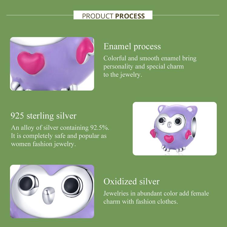 WOSTU Enamel Cartoon Purple Owl 925 Sterling Silver Charm Beads fit Bracelet Bangle Fine Jewelry