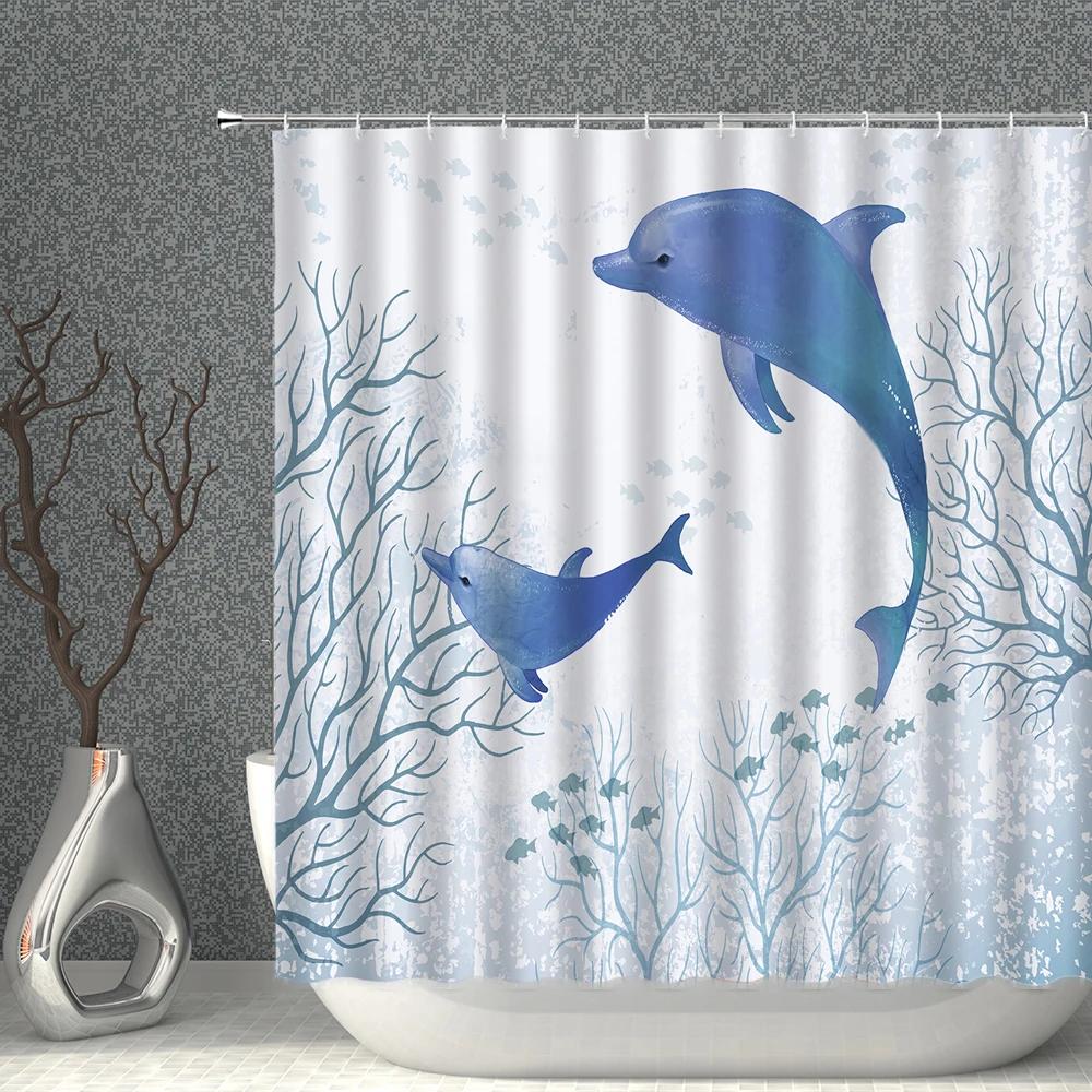 Marine Animal Underwater World Shower Curtain Waterproof Polyester Fabric Whale Dolphin Background Home Decoration With Hooks