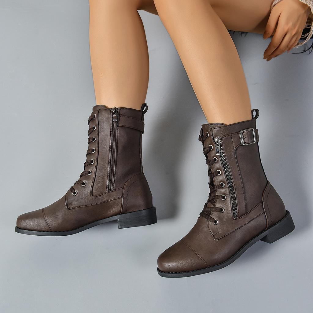Casual single boots New large size autumn round head lace-up thick heel solid color Martin boots