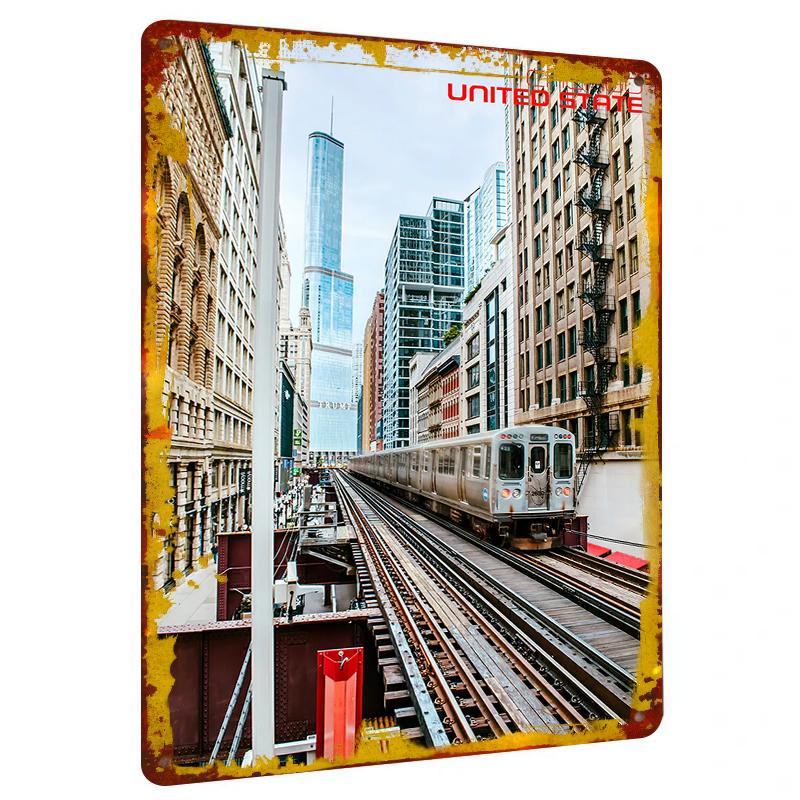 

Chicago City Skyline Subway Track Metal Wall Art ModernLiving Room Decor 20x30cm（7.8x11.8inch）