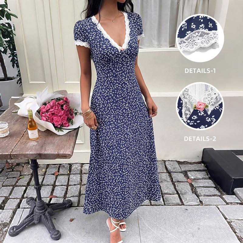 Women s Polka Dots Lace Trim Deep V Neck Dress Short Sleeve Flared Long Dresses S