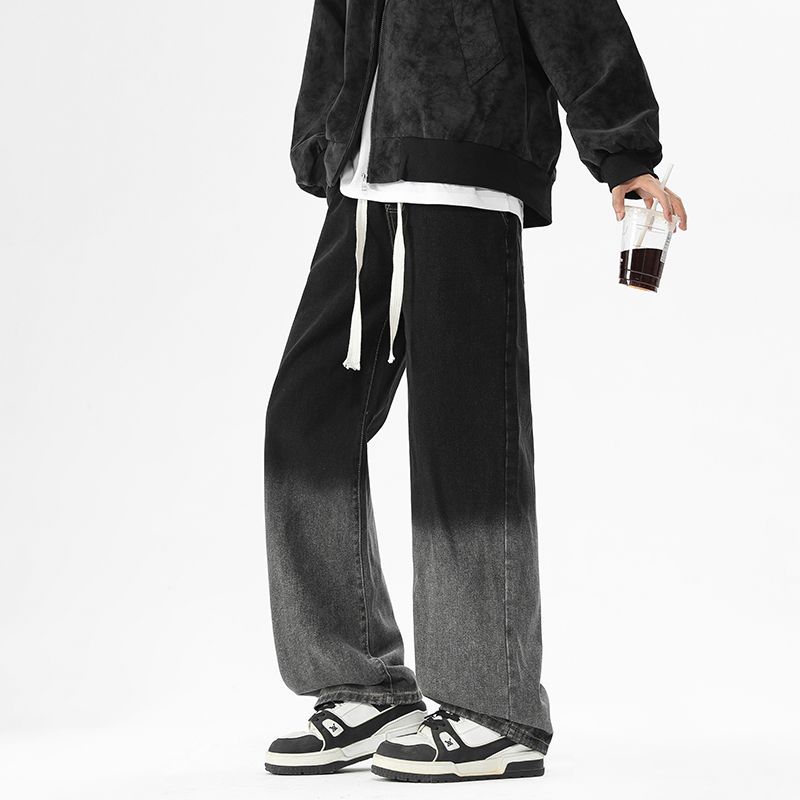 Autumn and winter new Hong Kong style wide legs Europe and the United States gradually change color loose straight jeans men trendy MEN