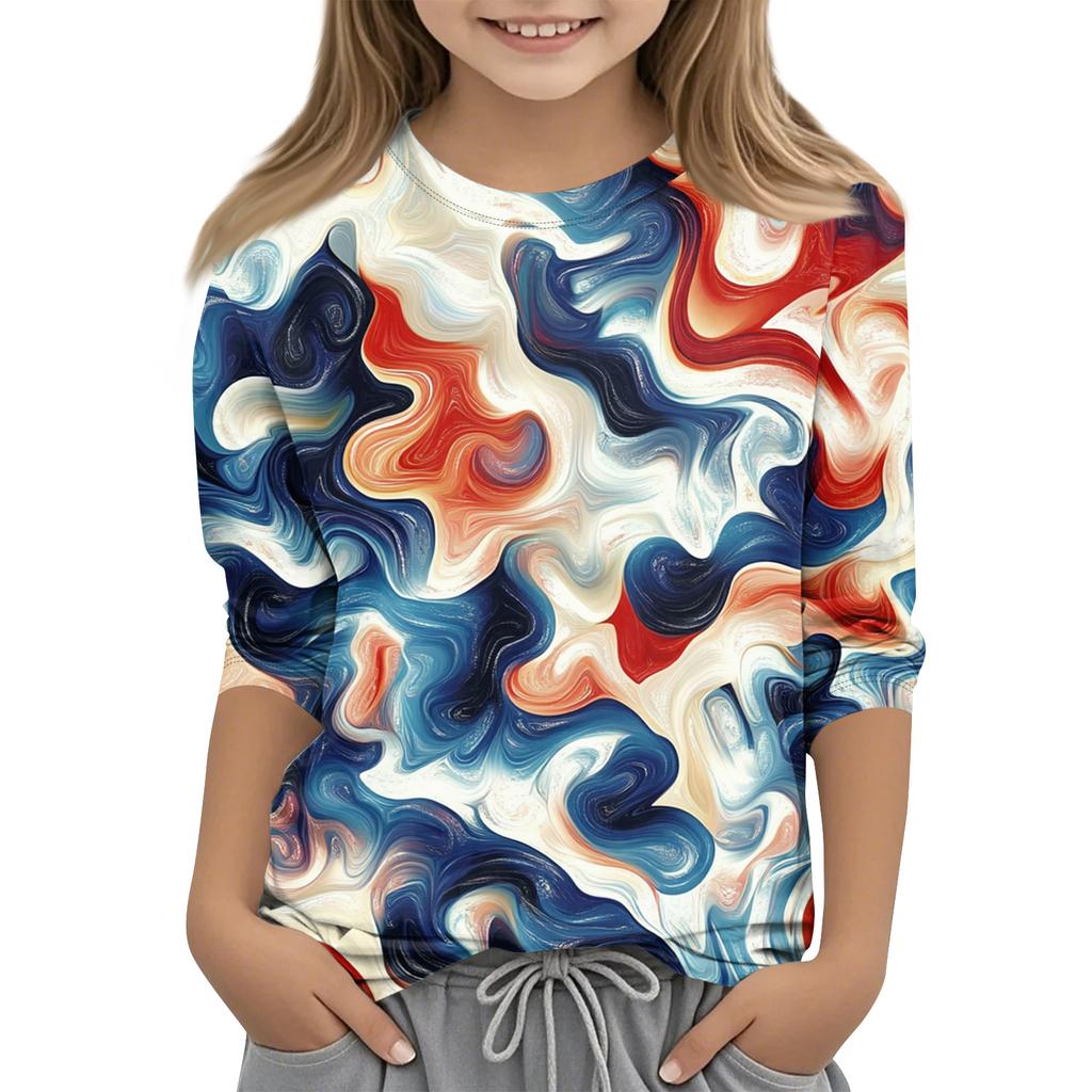 Print Tops For Youth Girls Round Neck 3/4 Sleeves T-Shirts Trendy Tops Outfit Tees Independence Day