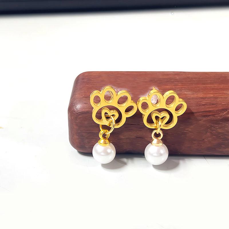 

Stainless Steel Cartoon Dog Paw Pearl Stud Earrings