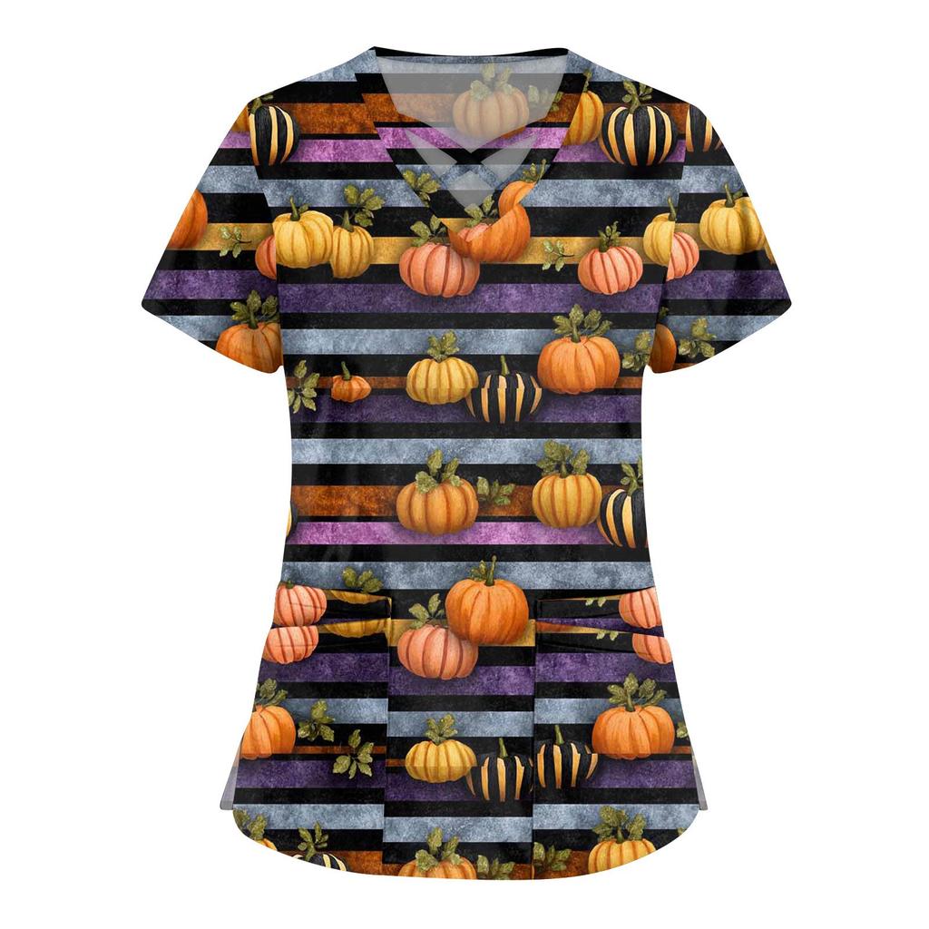 Women's Fashion  V-Neck Short Sleeve Overalls Double Pocket Halloween Printed Tops  Apparel