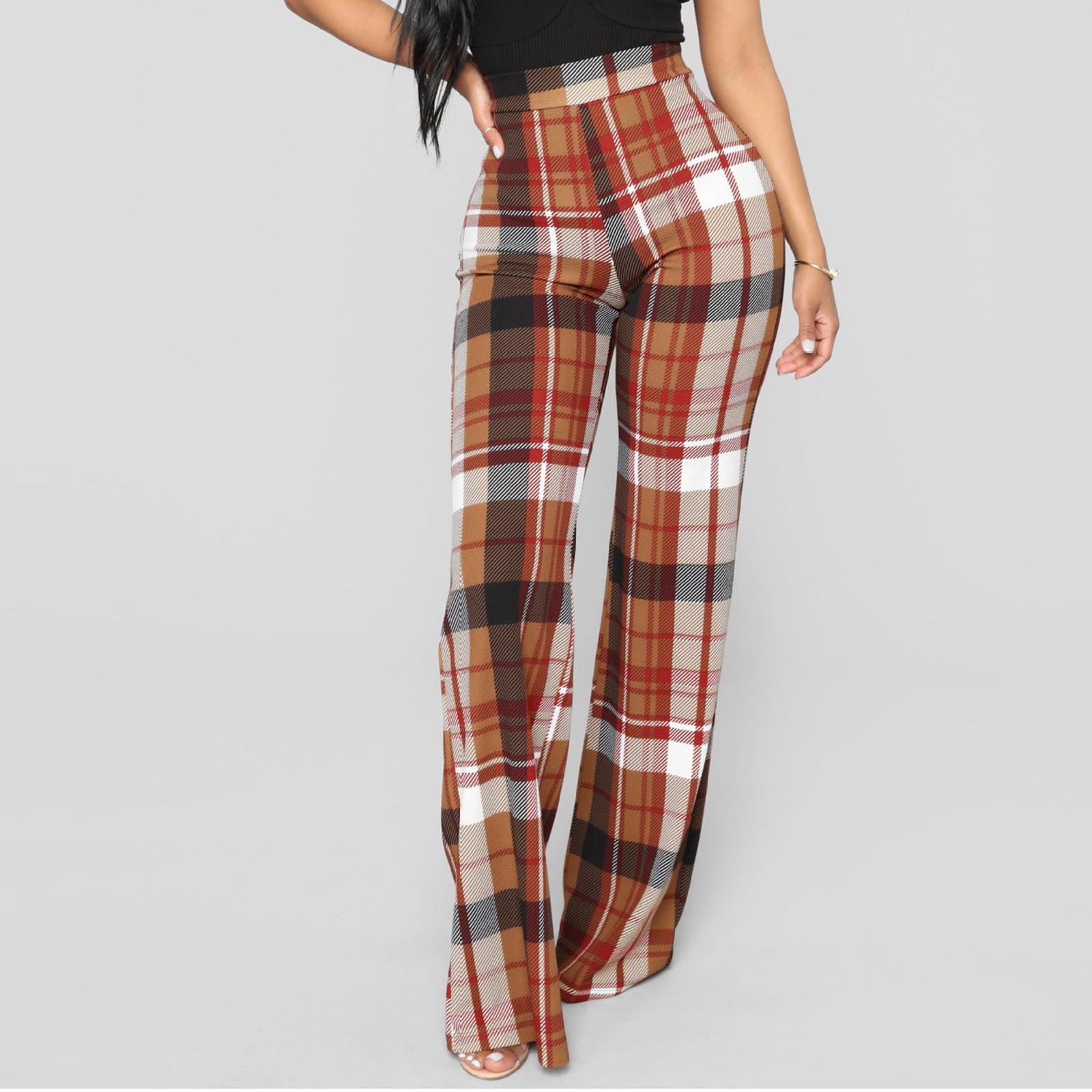 

Fashion Women s Plaid Printed High Waist Wide Leg Pants Loose Trousers XXL винний