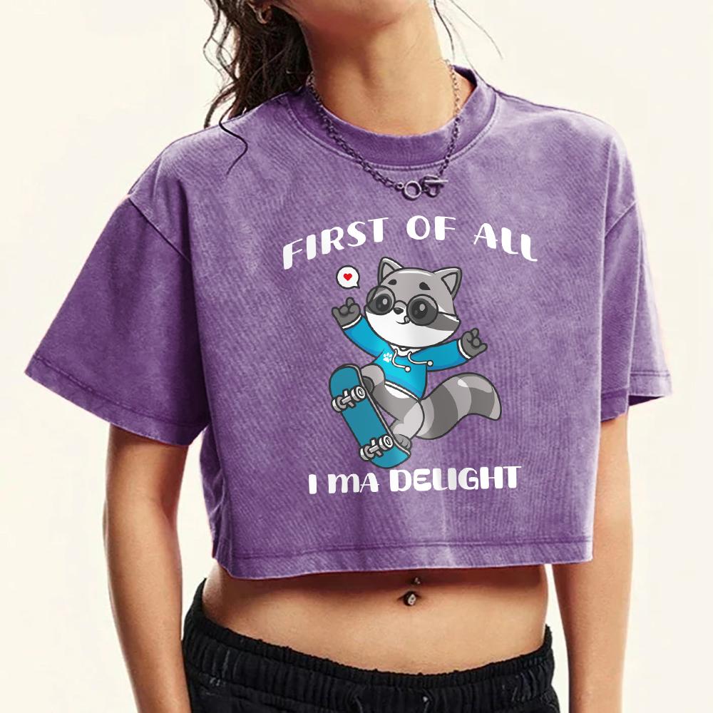 Raccoons Enjoy Skateboarding Prints Women Washed Tops Fashion T-Shirt O-Neck Tee Shirts Soft Fitness Clothes Female