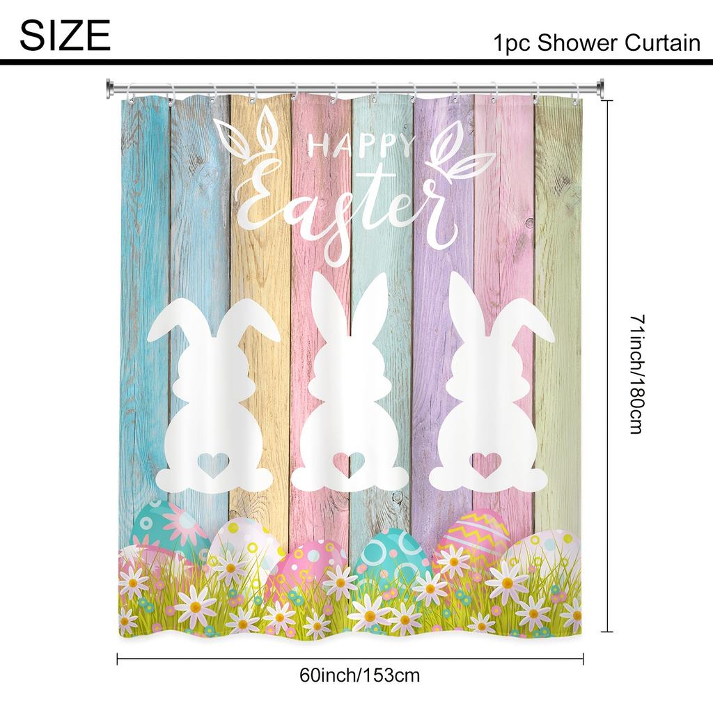 1pc Shower Curtain - Festive Easter Design with Bunny Silhouettes Eggs and Flowers on a Colorful Wooden Background Waterproof