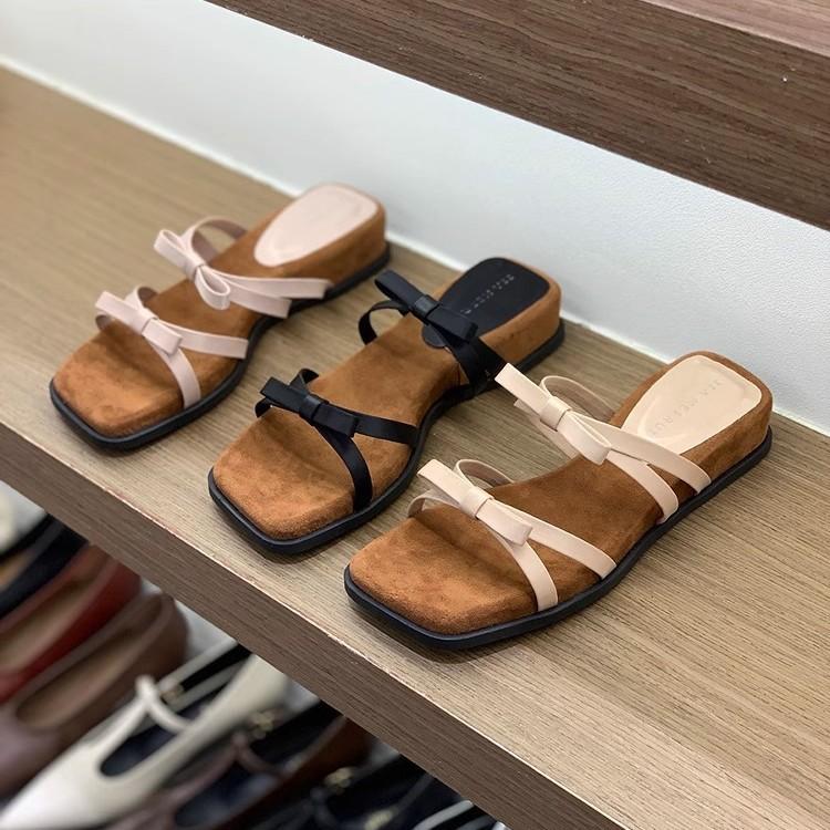 Soft leather version~ temperament wedge heel French thin belt cool slippers women's 2025 new summer bow Roman sandals