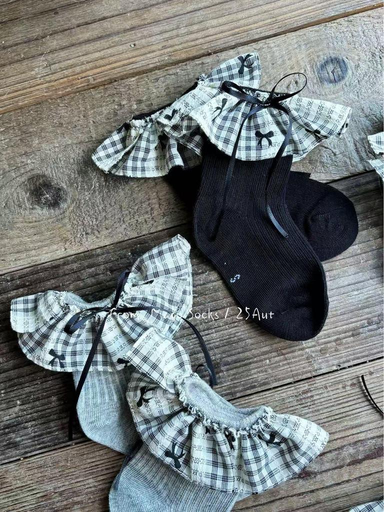 Autumn Lace-Trimmed Black & White Plaid Mid-Calf Socks for Girls - Sweet Lolita Butterflies