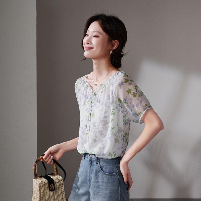 SOFSIL 2026 Summer Mulberry Silk V-Neck Print Short Sleeve Shirt