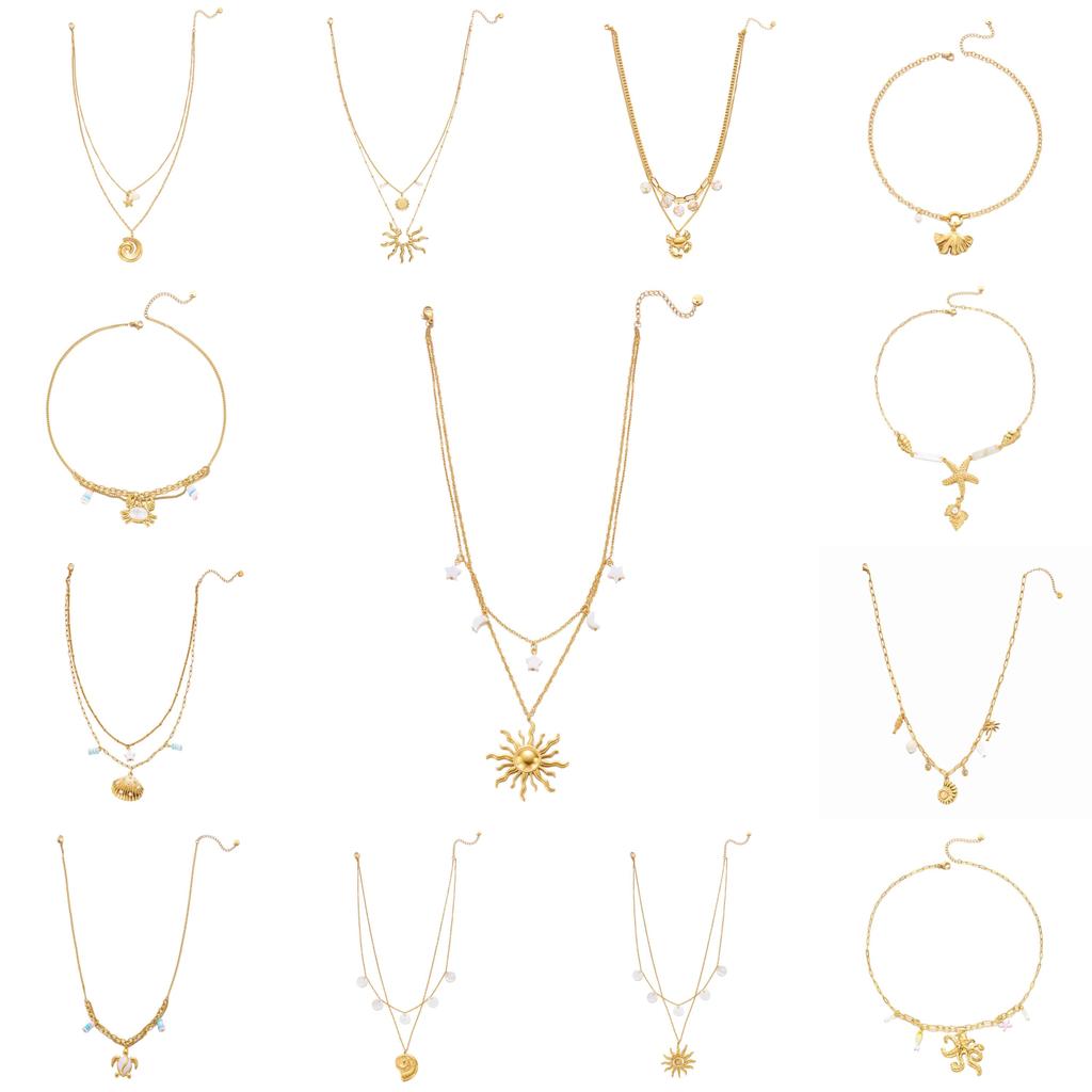 Bohemian Beach Inspired Stainless Steel Pendant Necklace With Shell And Sun Design For Women