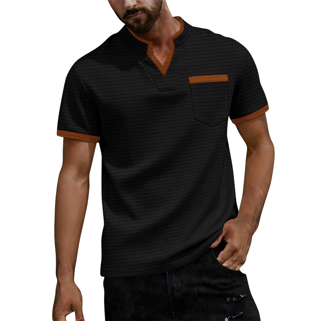 Men's Color Blocked V-neck Single Breasted Shirt Men's Casual And Comfortable Short Sleeved Shirt