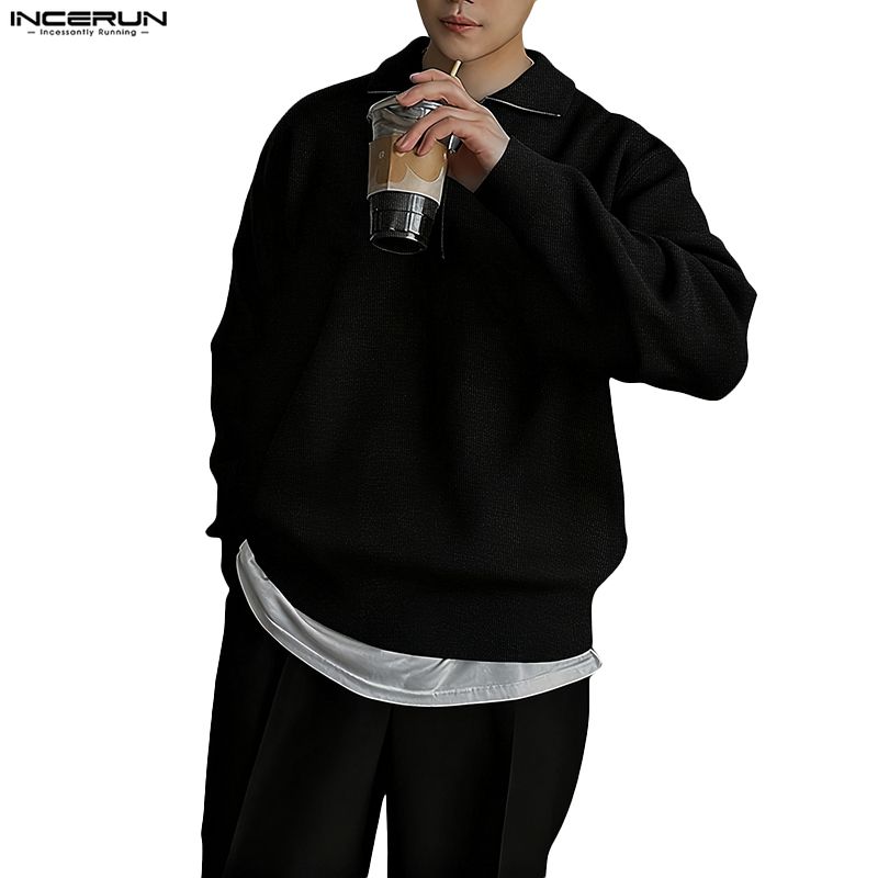 INCERUN Spring Men Stand Neck Long Sleeve Zip-up Texture Rib Knitted Pullovers Tops