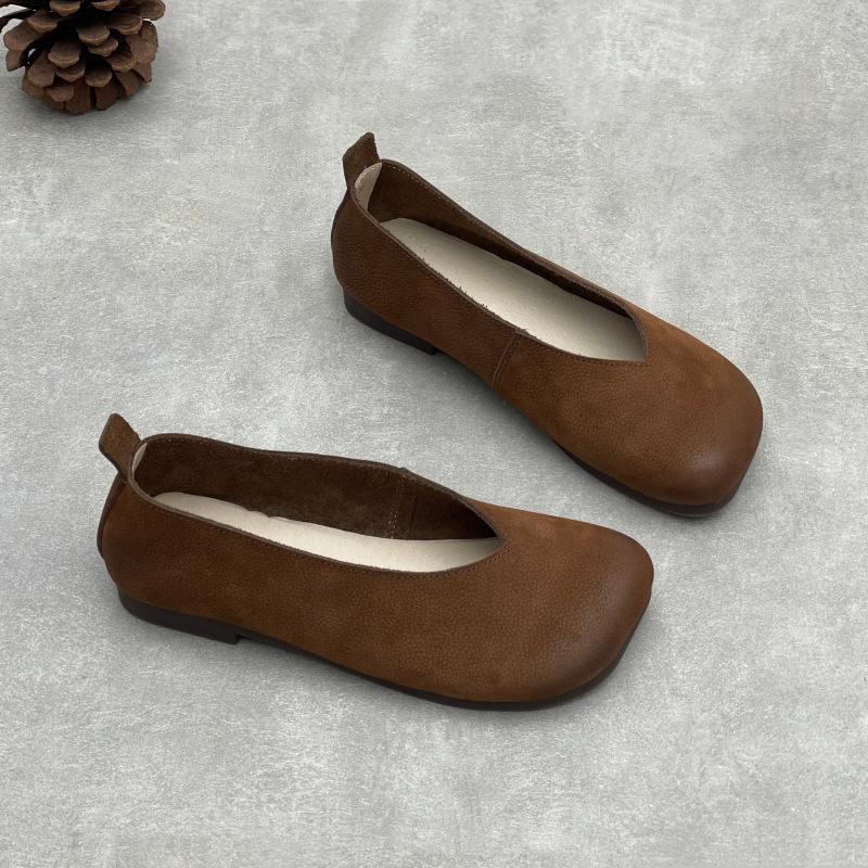 Johnature Echte Leder Flache Slip-on Schuhe Lässige Quadratische Zehenpartie Bequeme Weiche Sohle Damen Flats