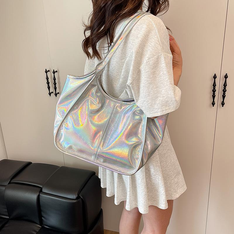 Korean Fashion Holographic Leather Womens Underarm Shoulder Bags Large Capacity Ladies Commute Shopping Bags Soft Tote Handbags